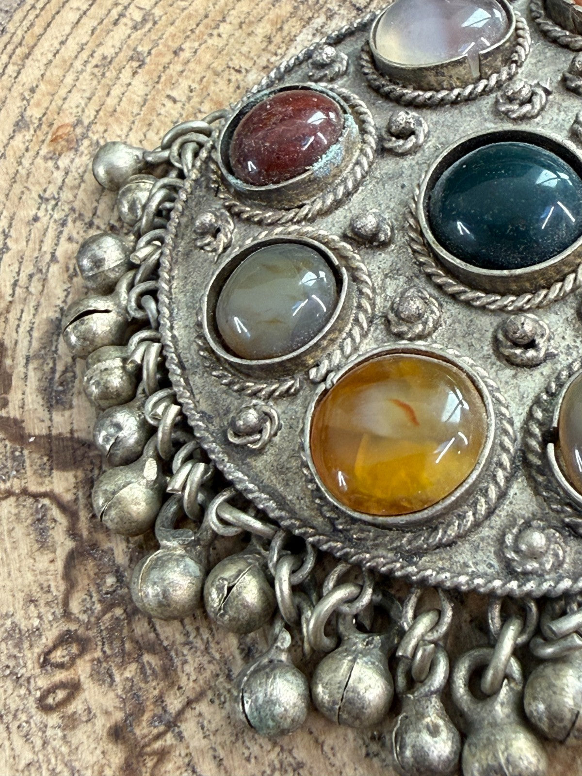 Vintage Tibetan Himalayan Tribal Earrings Agate Silver Tone Bell Drop Dangle