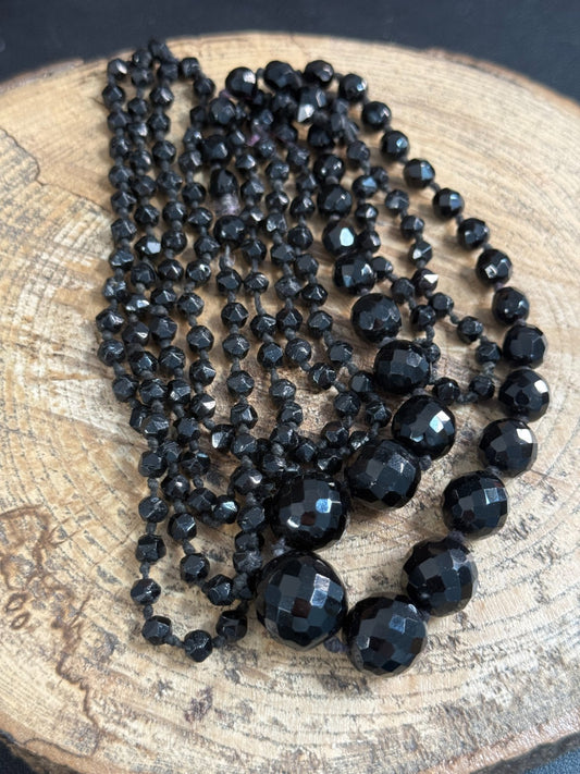 Antique Black Glass Beaded Necklace French Jet Faceted Graduating Victorian