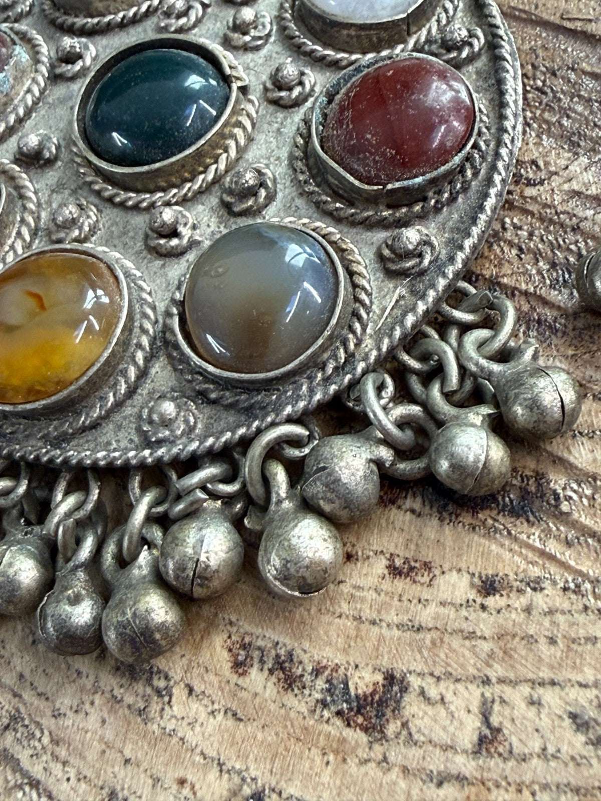 Vintage Tibetan Himalayan Tribal Earrings Agate Silver Tone Bell Drop Dangle