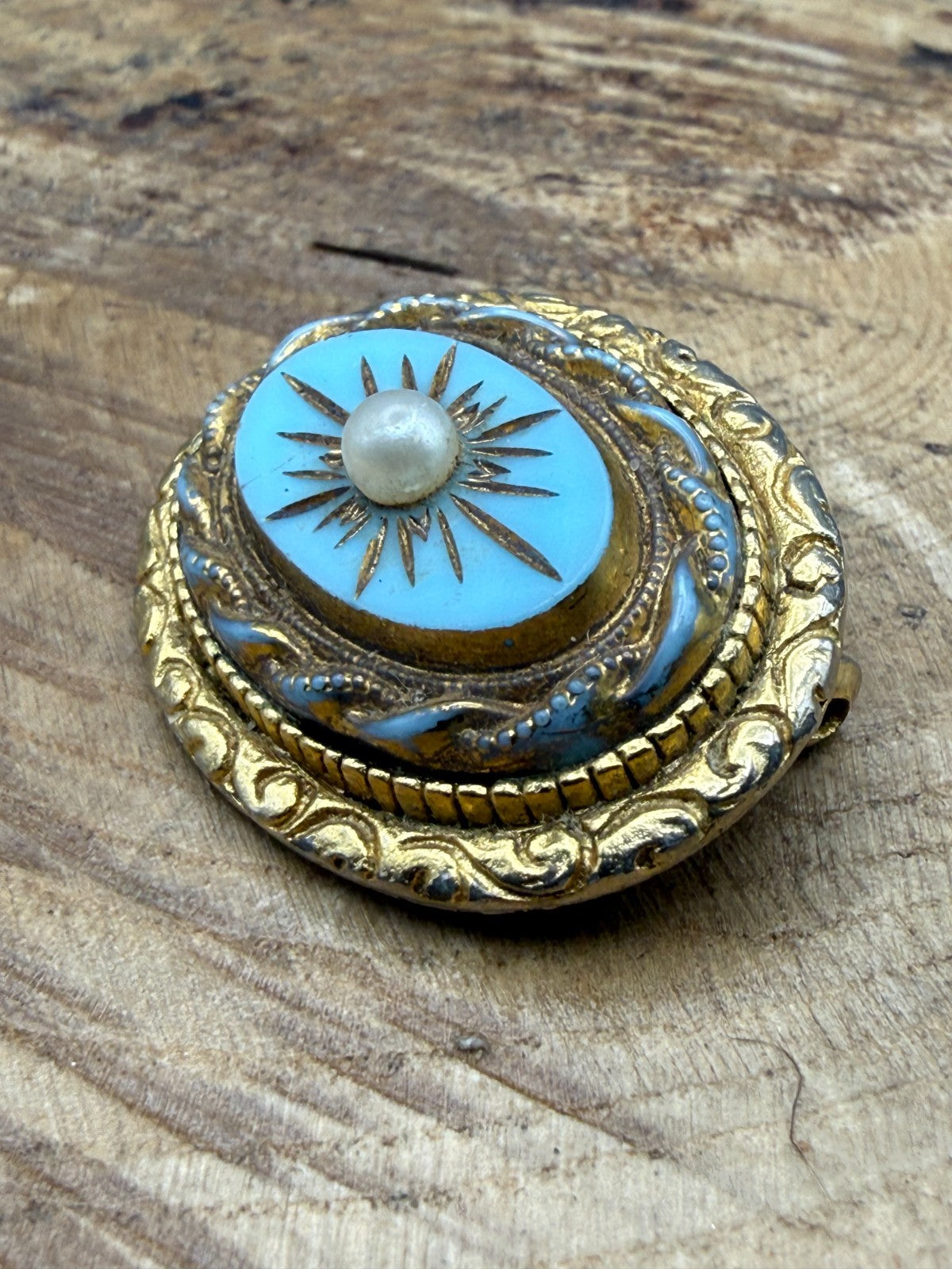 Vintage Etruscan Revival Brooch Turquoise Glass Faux Pearl Starburst Pin