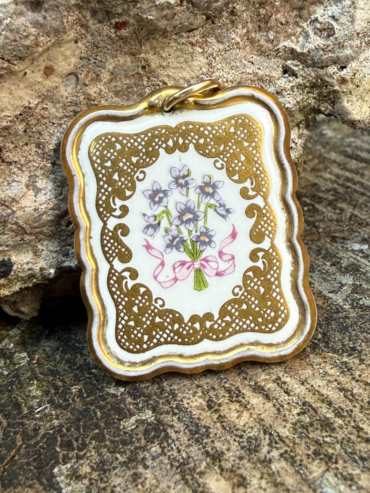 Franklin Mint 'Victorian Valentine' Pendant 24ct Gold Plated Porcelain Floral