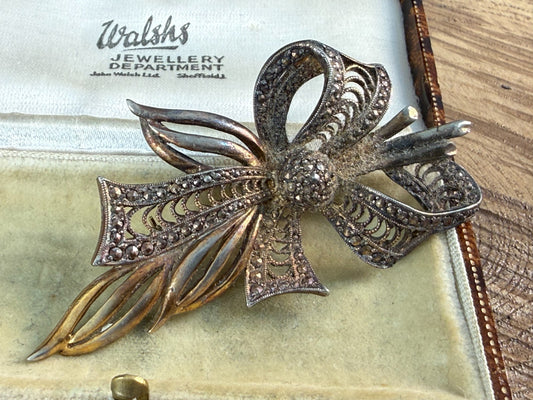 Vintage KIGU Two Tone Marcasite Bow Brooch Copper & Gold Tone Ribbon Pin