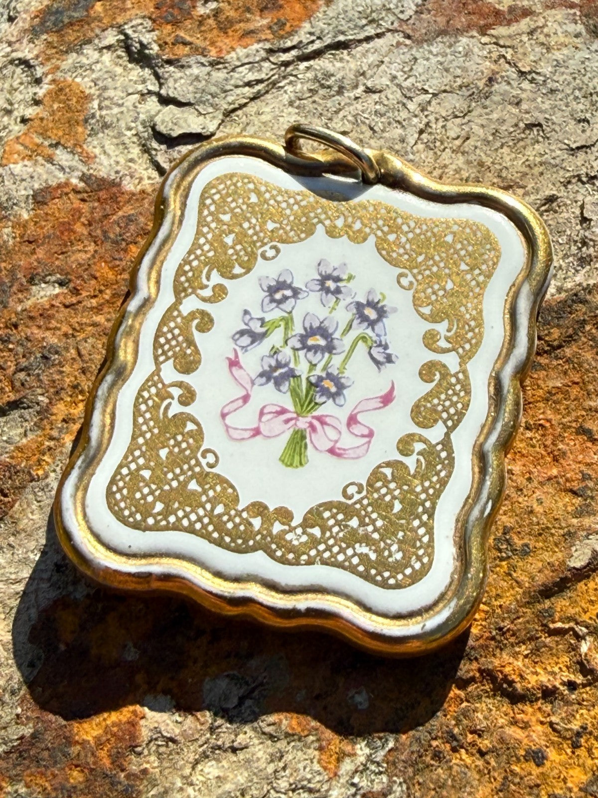 Franklin Mint 'Victorian Valentine' Pendant 24ct Gold Plated Porcelain Floral