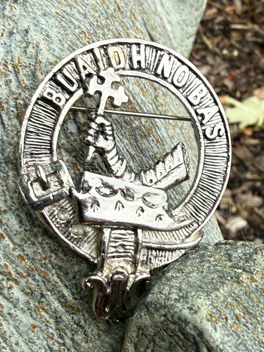 Vintage Clan MacDougall Brooch Silver Tone Scottish Buaich No Bas Motto Badge