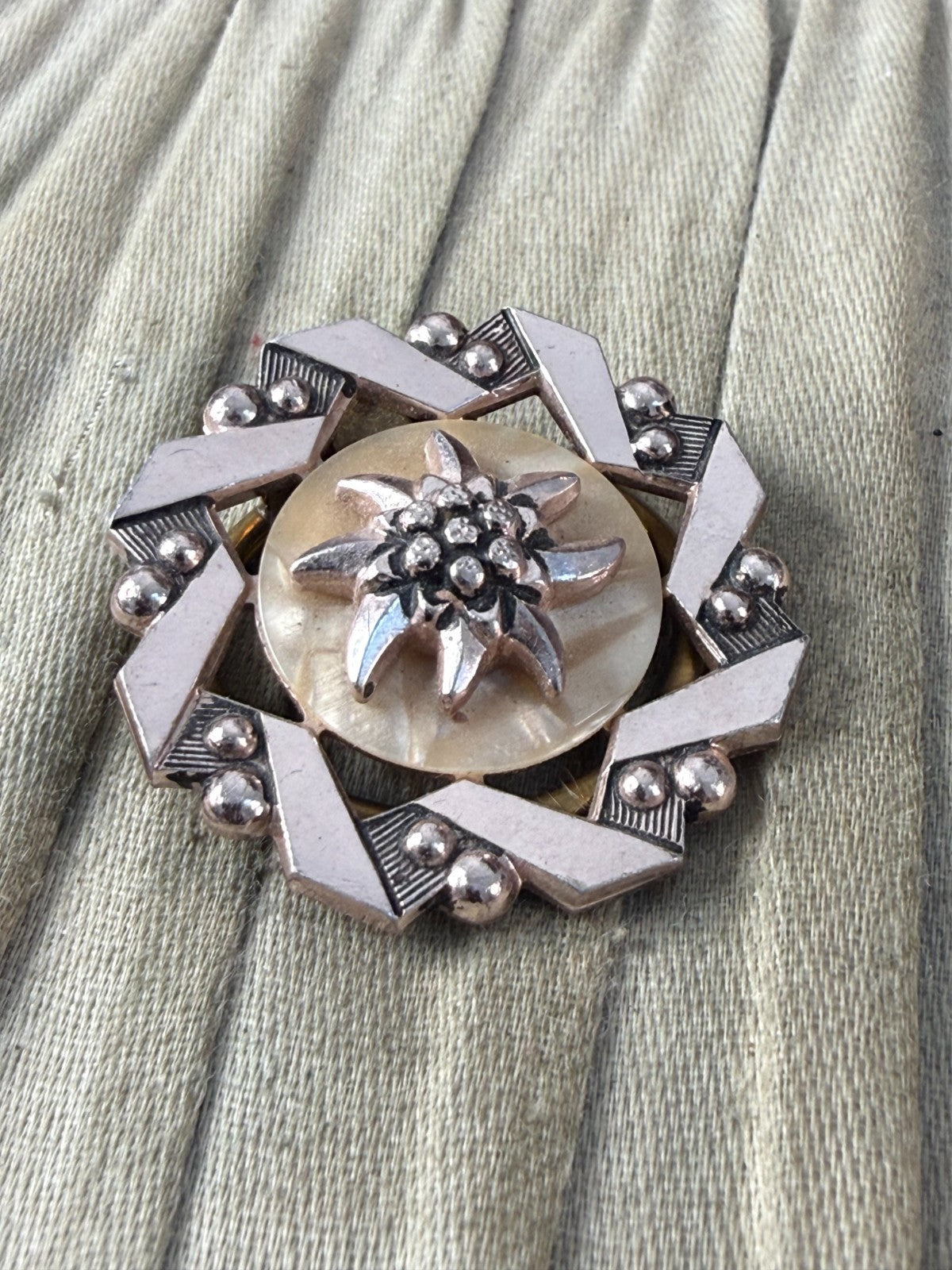 Vintage Edelweiss Scarf Clip Rose Gold Tone Alpine Flower Celluloid Pin
