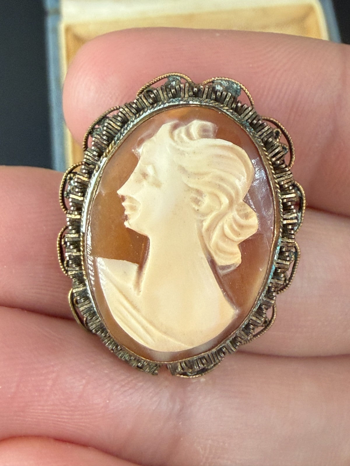 Vintage Shell Cameo Brooch Pendant Female Portrait Gold Tone Pin Mid Century