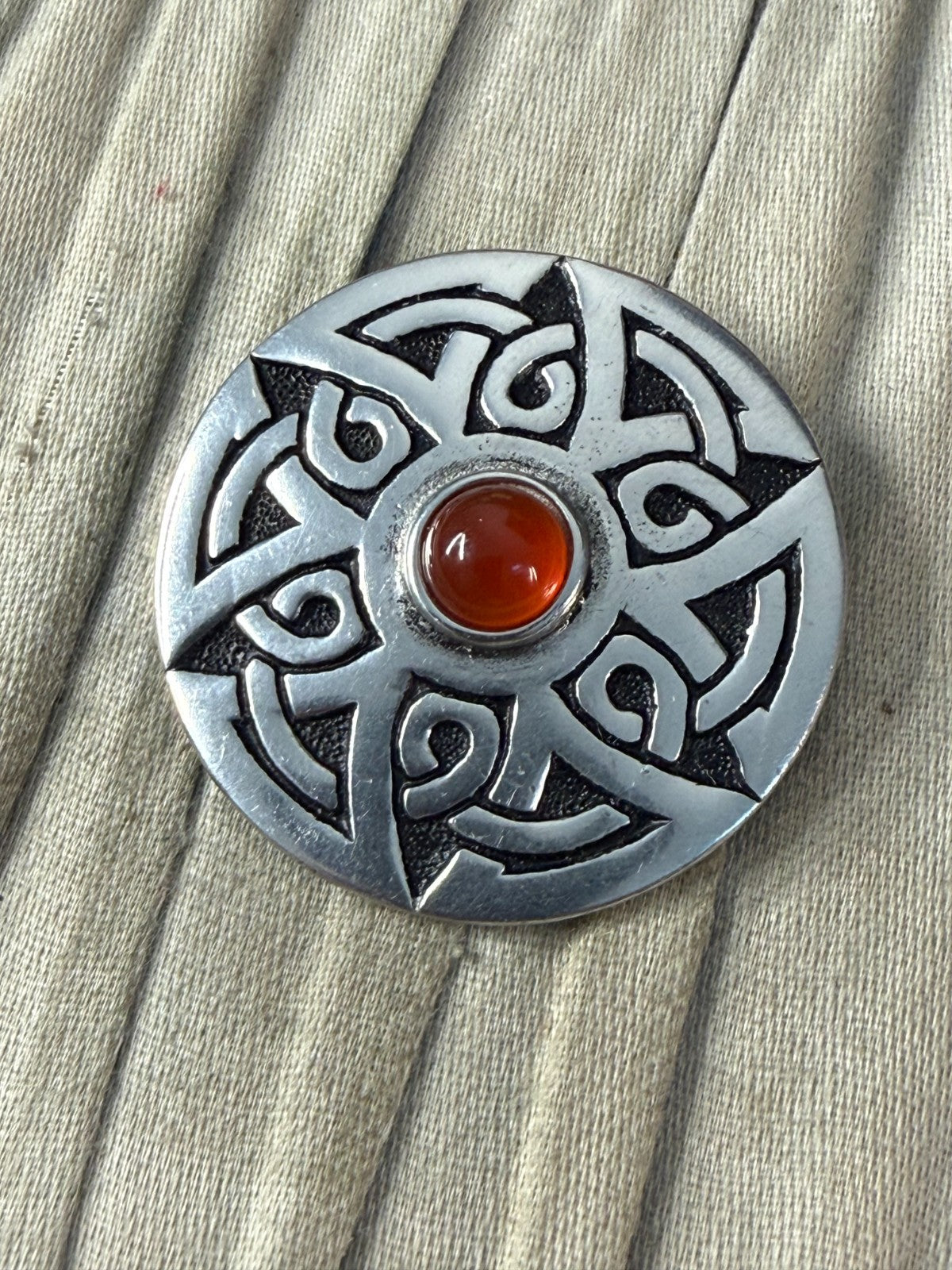 Vintage St Justin Pewter Brooch Celtic Knotwork Round Pin Orange Glass Cabochon
