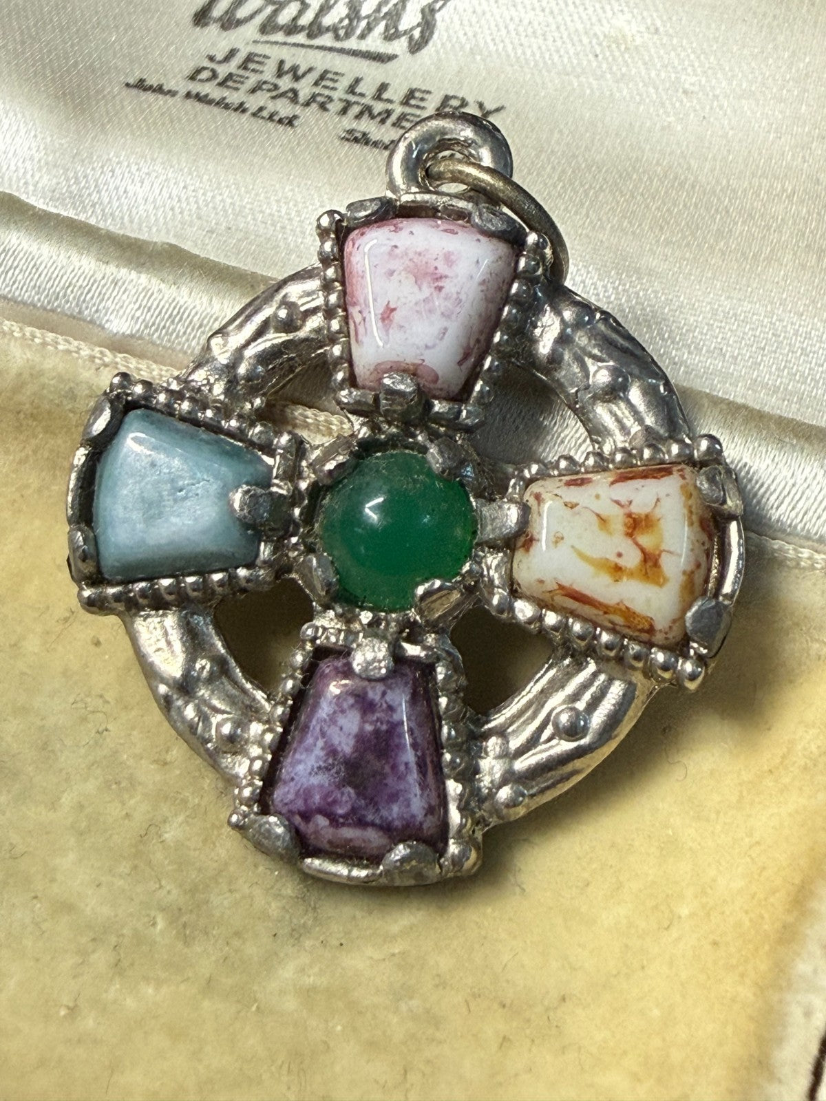 Vintage Celtic Cross Pendant Silver Tone Faux Agate Pebble Glass Colourful
