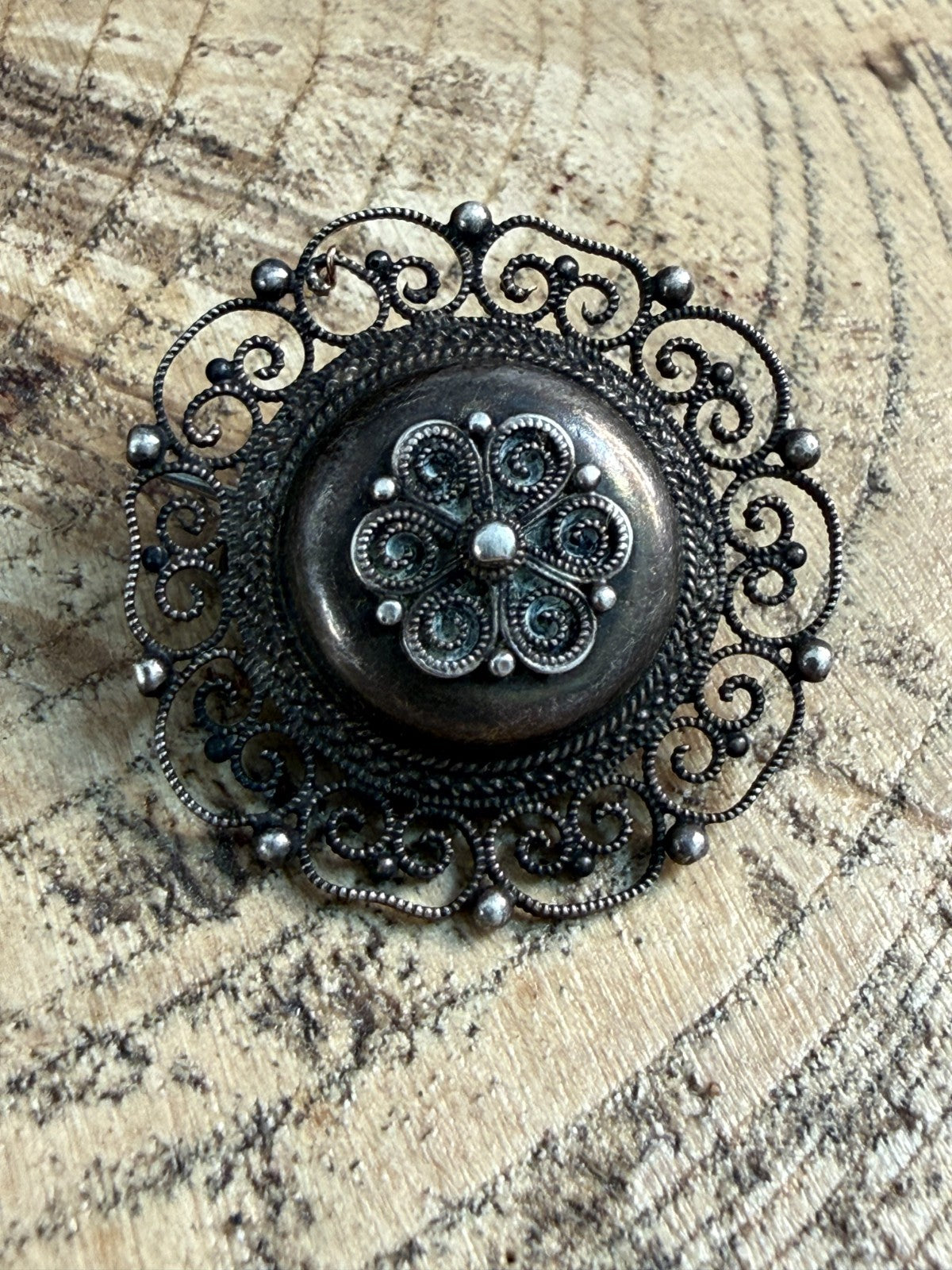 Antique Scandinavian 830 Silver Filigree Brooch Scrollwork Floral Rosette Pin