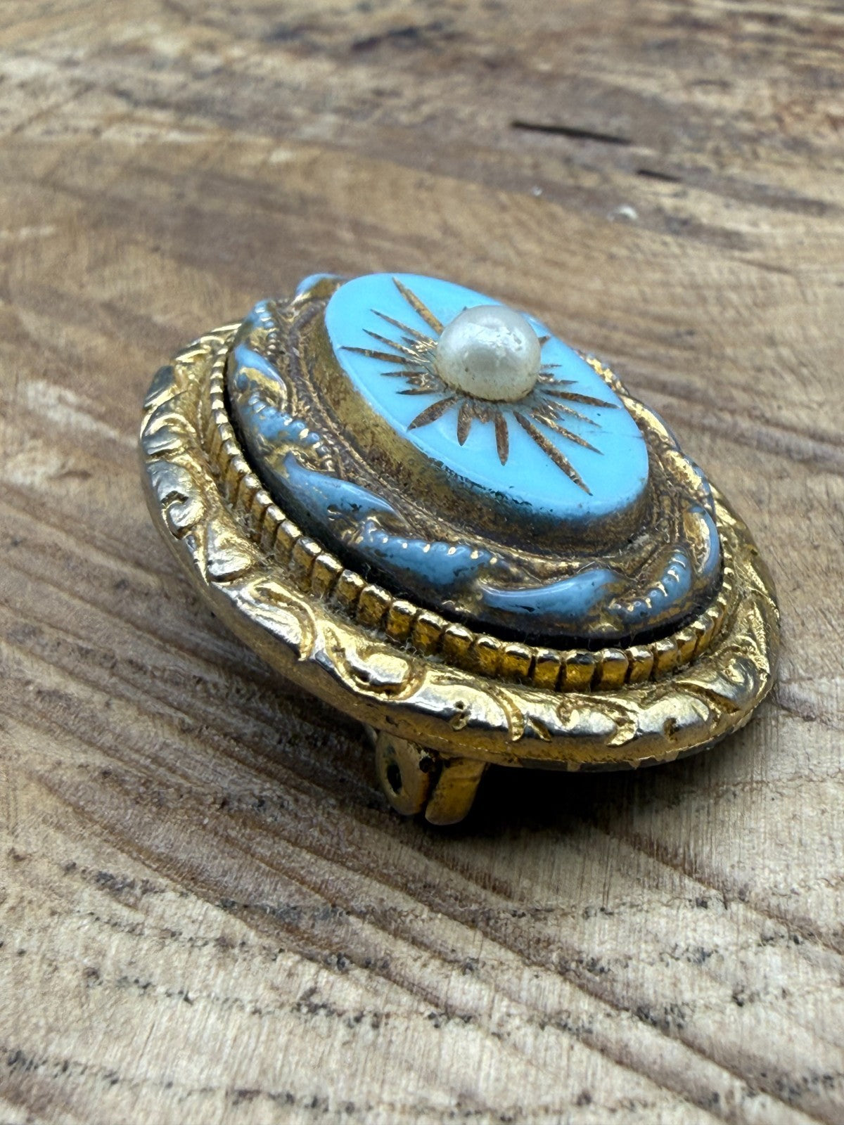 Vintage Etruscan Revival Brooch Turquoise Glass Faux Pearl Starburst Pin