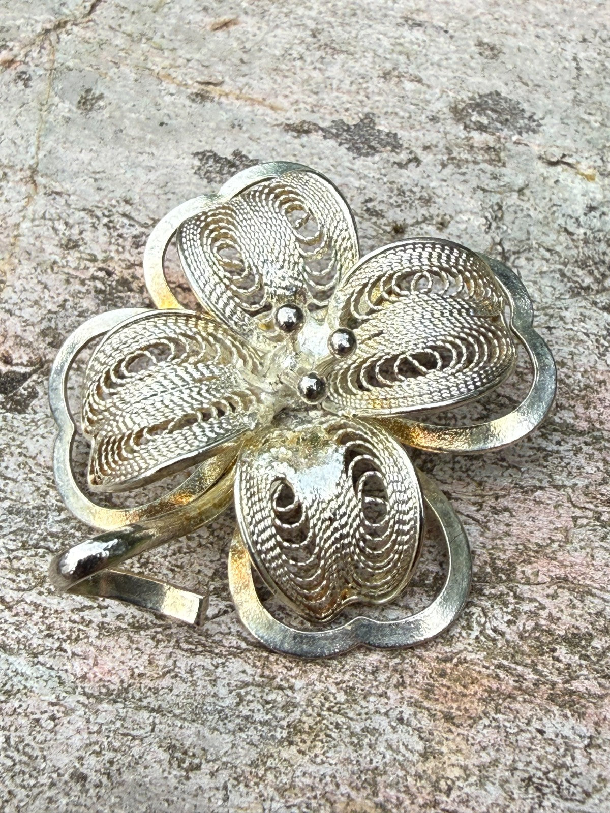 Vintage Four Leaf Clover Brooch Silver Tone Pin Floral Filigree Mid Century