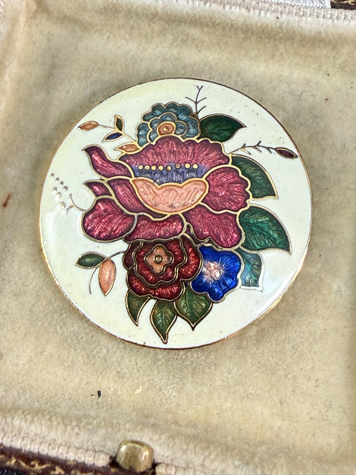Vintage Cloisonné Enamel Floral Brooch Multicolour Flower Round Gold Tone Pin