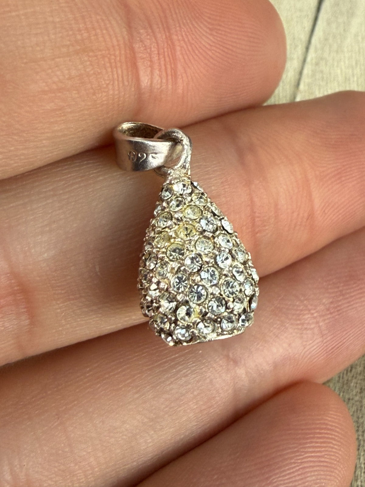 Sterling Silver 925 Pavé Rhinestone Teardrop Pendant Clear Crystal Sparkle Charm