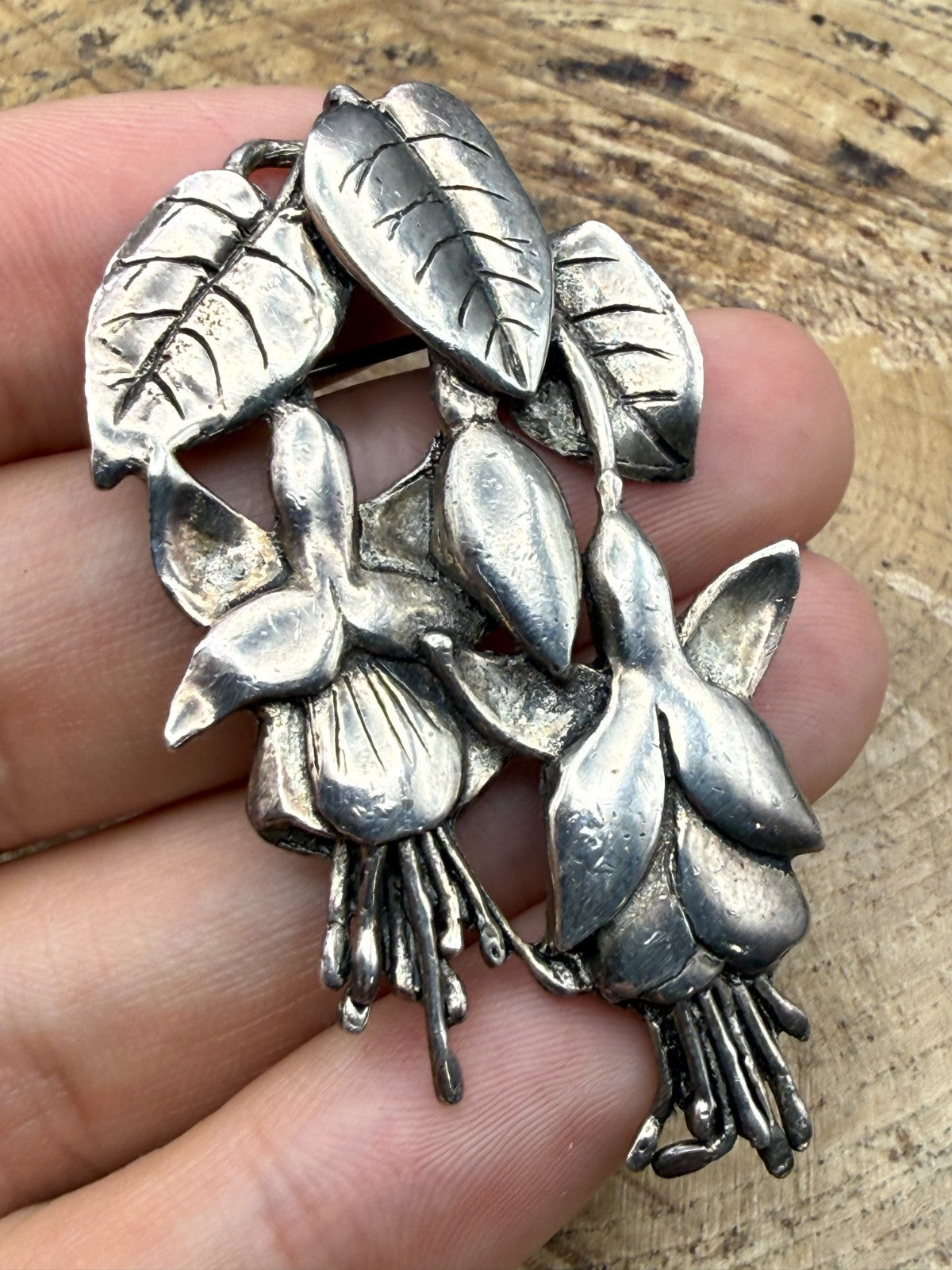 Vintage Fuchsia Brooch Pewter MASJ Silver Tone Statement Pin Signed Floral Welsh