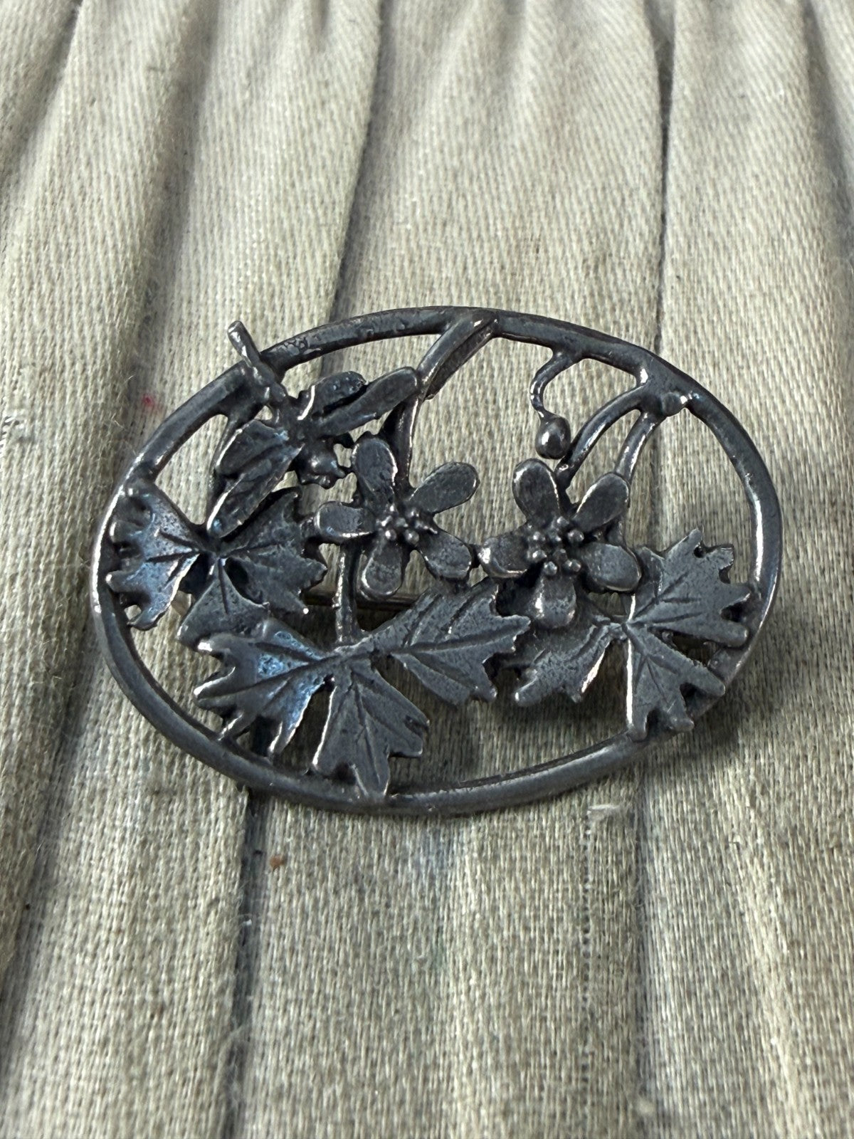 Vintage MASJ Silver Scenes Floral Brooch Pin Plated Pewter Oval Flower Geranium