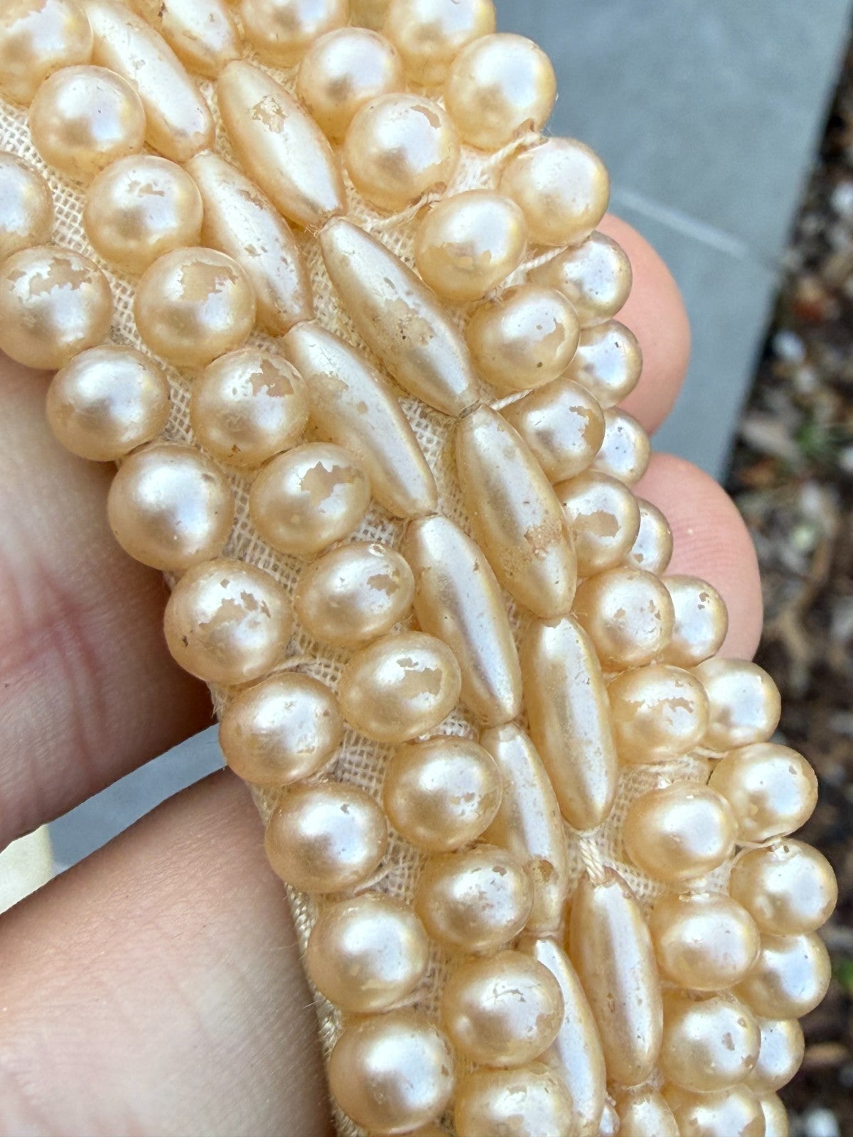 Vintage Cream Faux Pearl Flapper Necklace Collar Bib Style Fabric Mid Century