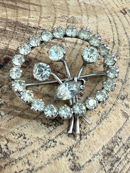 Vintage Sparkly Brooch Mid Century Silver Tone Clear Rhinestone Floral Bouquet