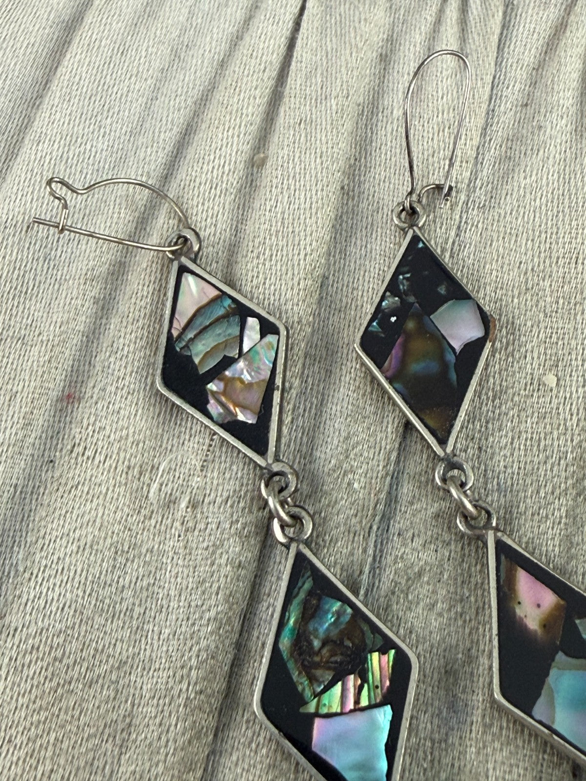 Vintage Silver Tone Abalone Shell Mosaic Drop Earrings Black Diamond Dangle