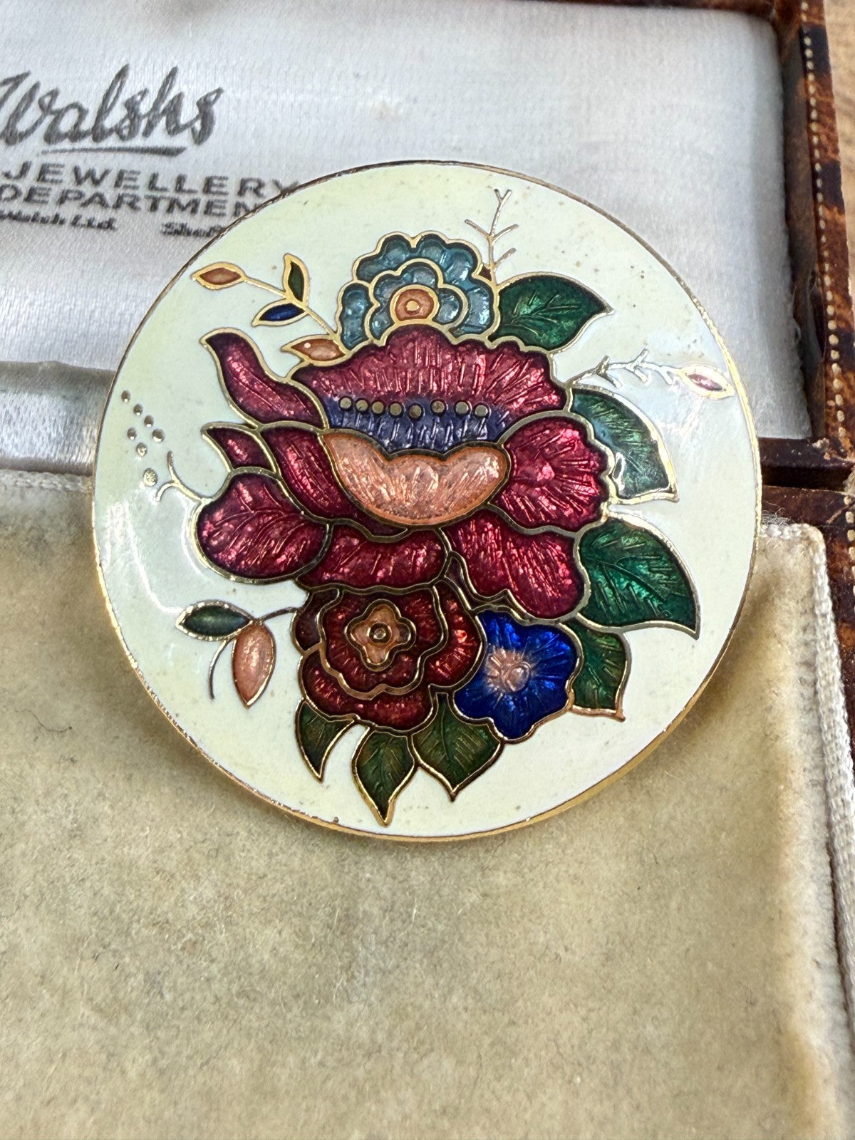 Vintage Cloisonné Enamel Floral Brooch Multicolour Flower Round Gold Tone Pin