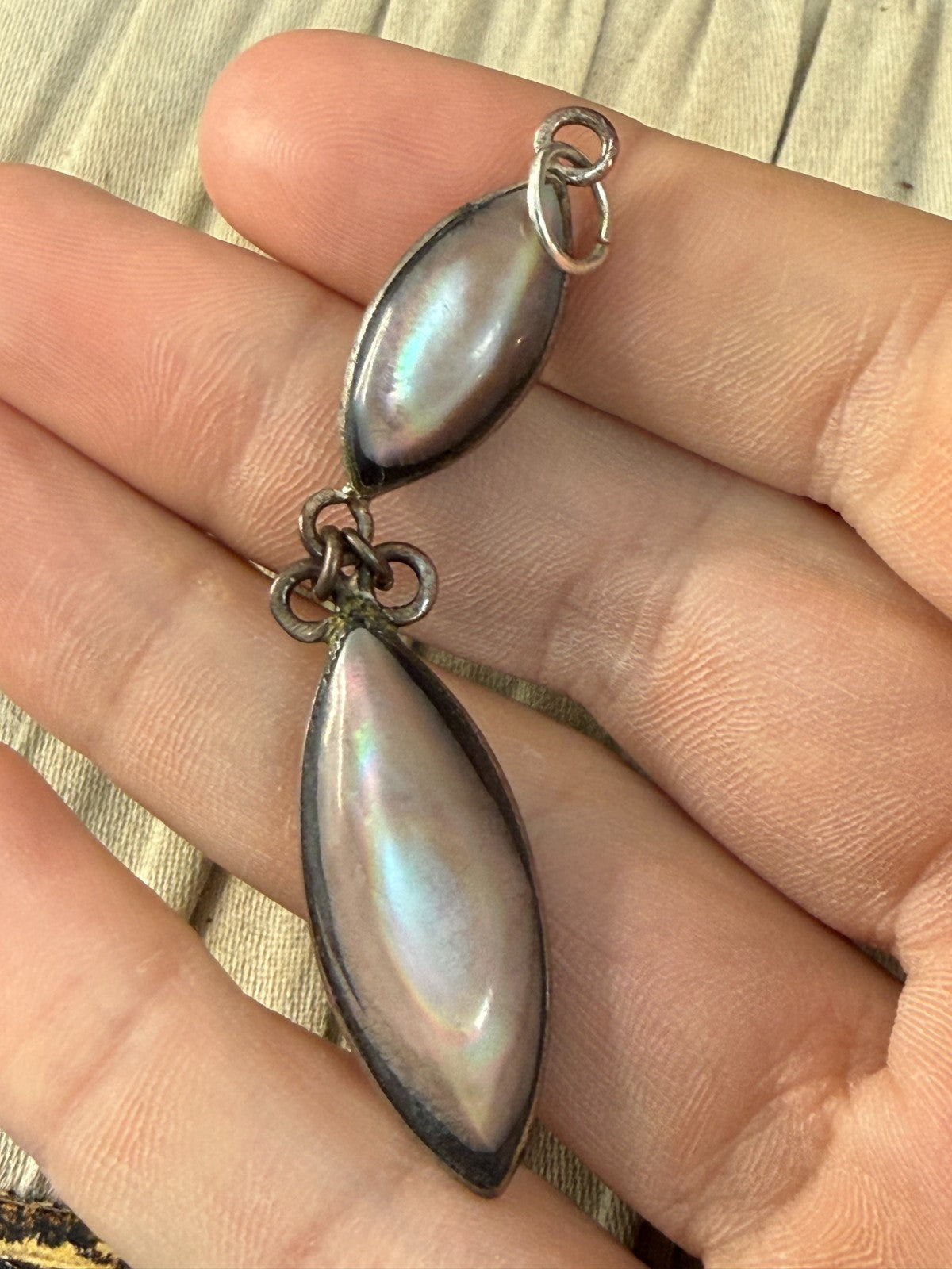 Vintage Silver Tone Double Drop Pendant Grey Mother of Pearl Marquise MOP
