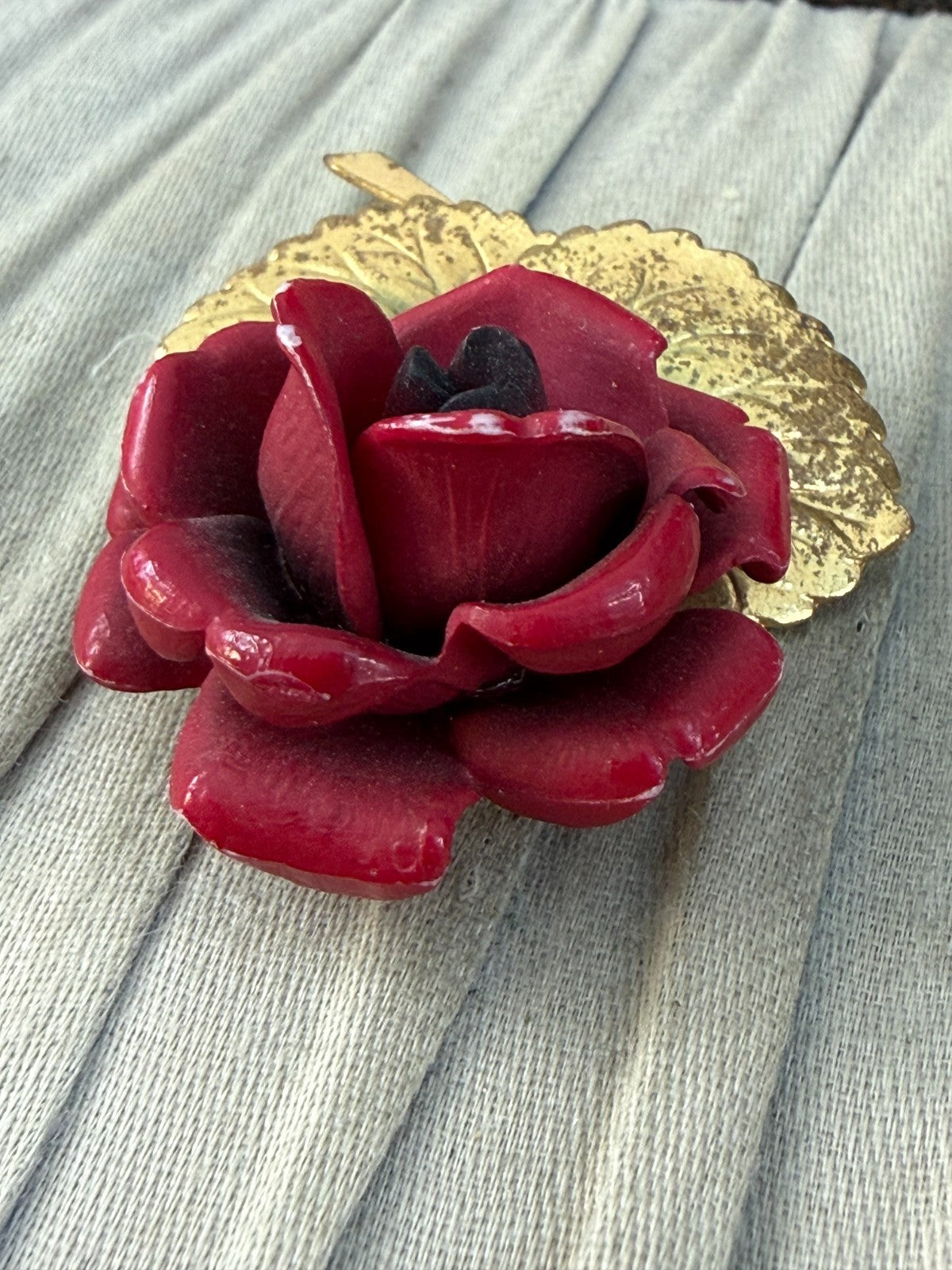 Vintage Red Rose Brooch Gold Tone Leaf Base Painted Plastic Floral 1970s 1980s