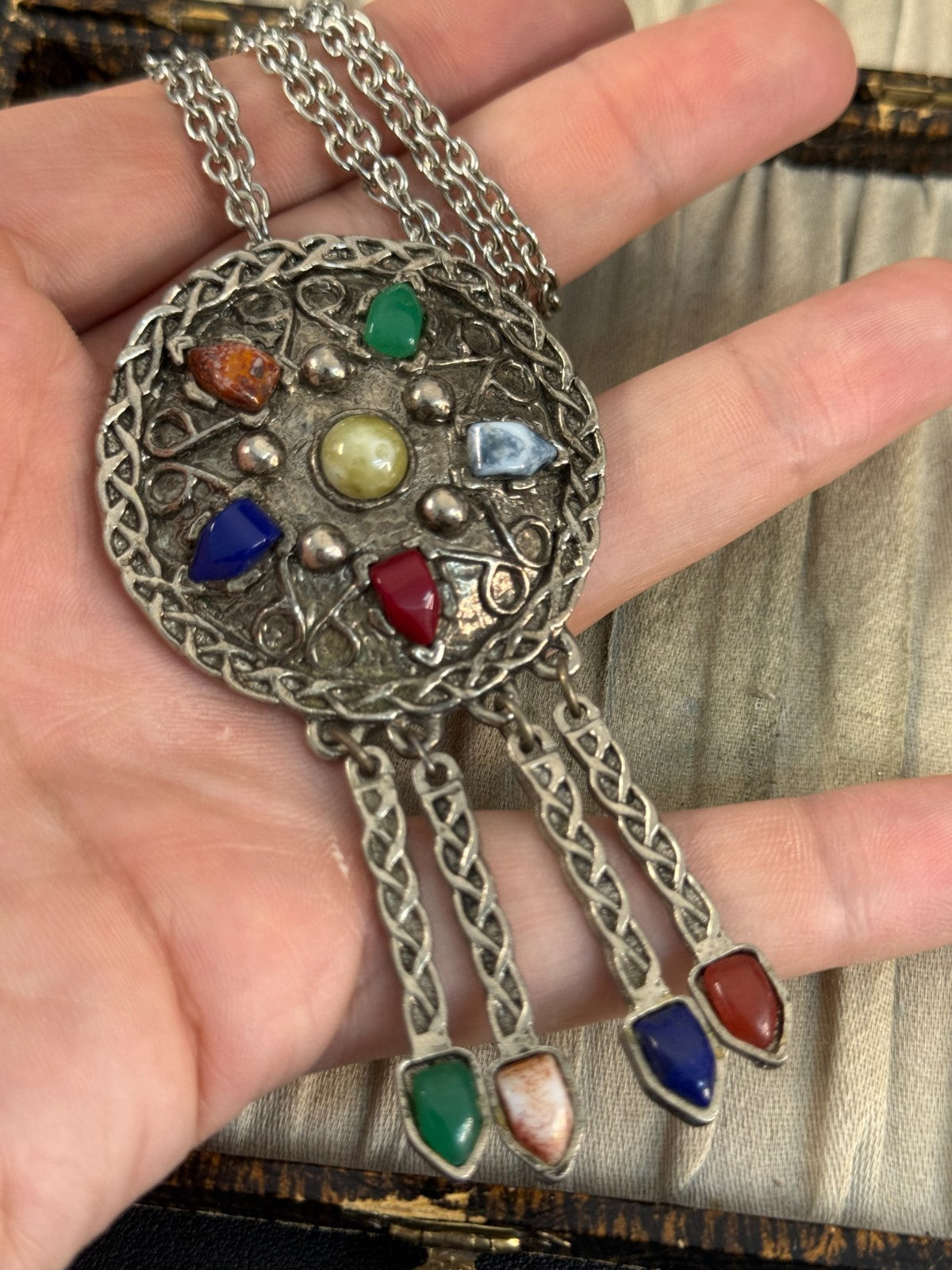 Vintage Silver Tone Celtic Knotwork Disc Pendant Necklace Multicolour Glass