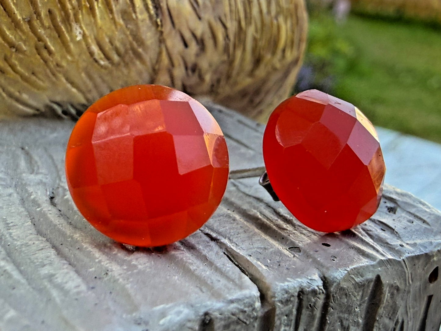 Indian Carnelian Sterling Silver Earrings TGGC Round Faceted Stud 925