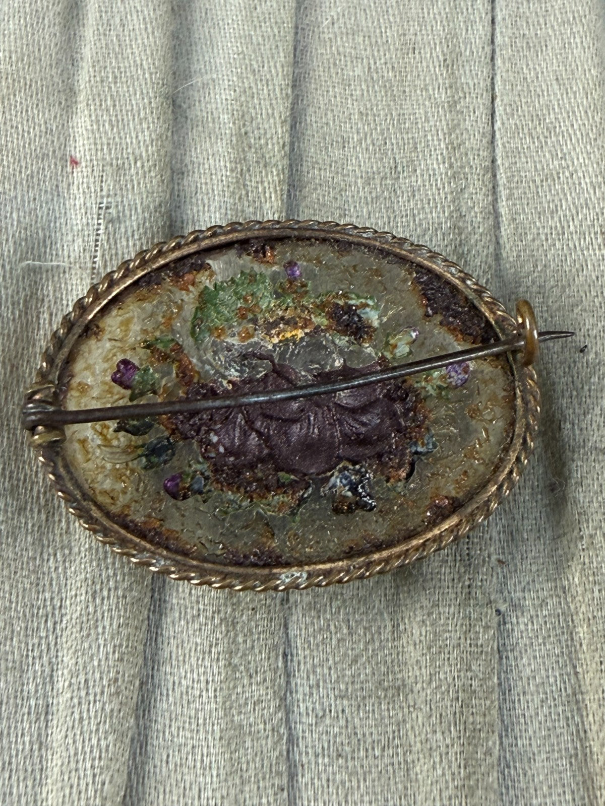 Antique Goofus Glass Pansy Brooch Floral Oval Gold Tone Painted Victorian