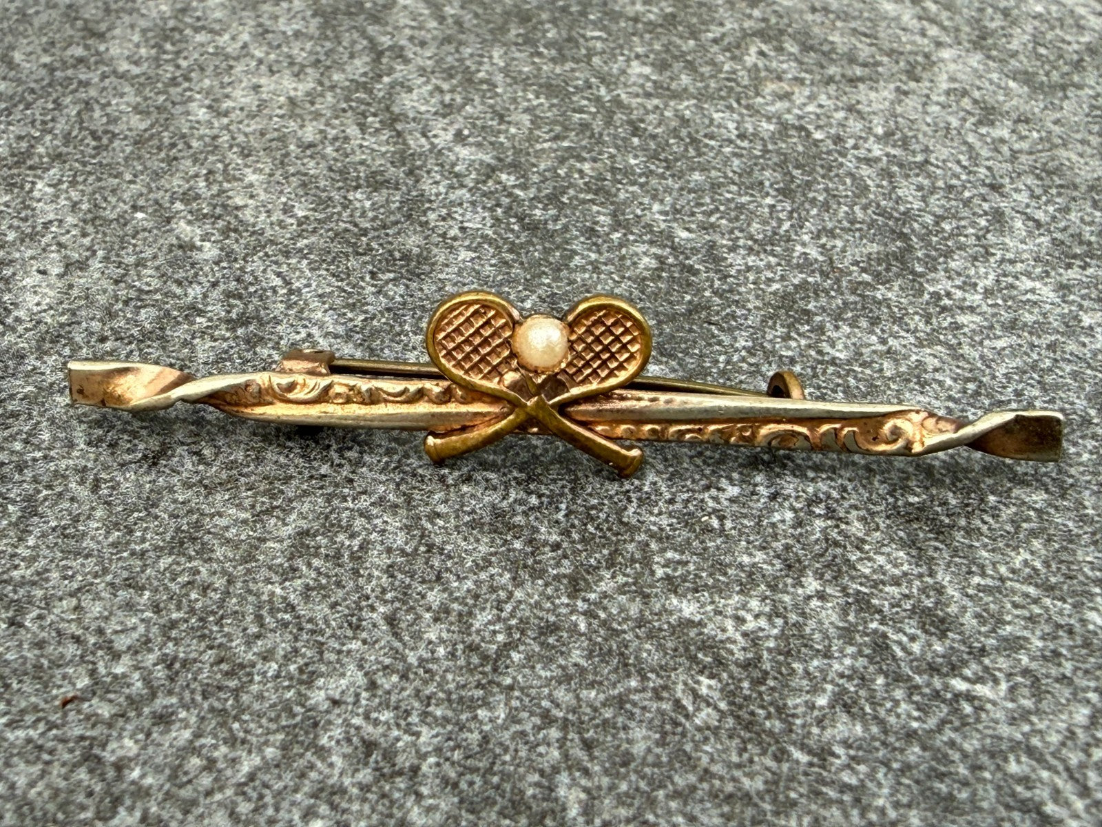 Antique Tennis Bar Brooch Rose Gold Tone Faux Pearl Sports Racquet Padel Gift