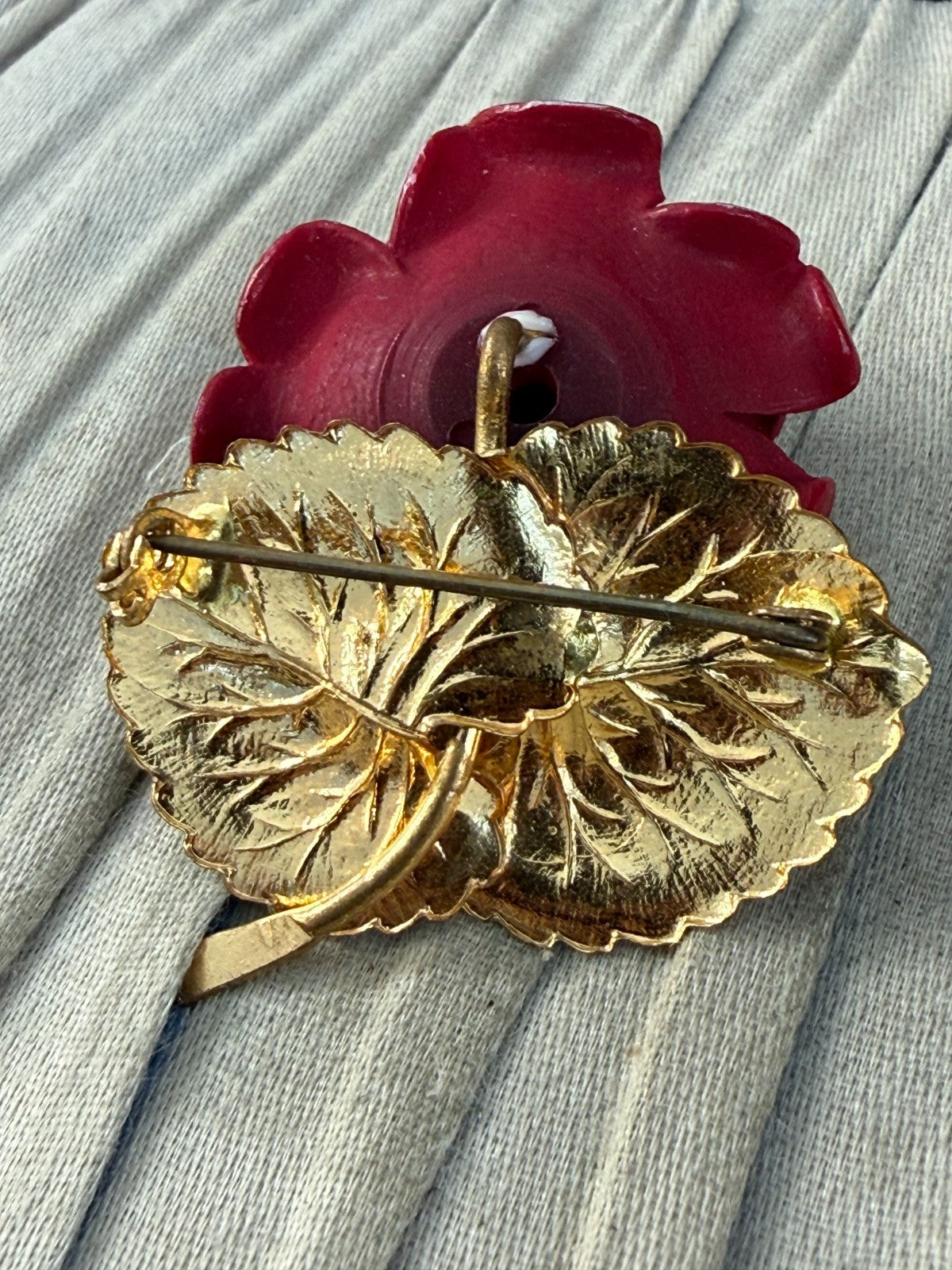 Vintage Red Rose Brooch Gold Tone Leaf Base Painted Plastic Floral 1970s 1980s