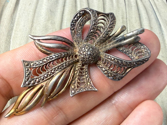 Vintage KIGU Two Tone Marcasite Bow Brooch Copper & Gold Tone Ribbon Pin