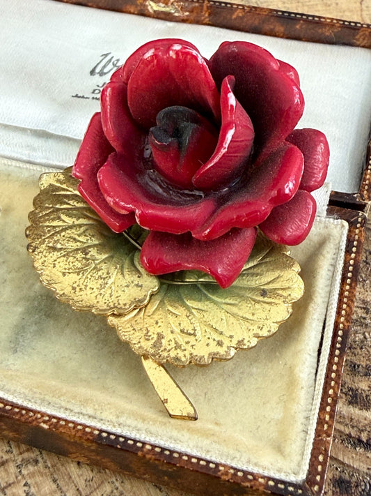Vintage Red Rose Brooch Gold Tone Leaf Base Painted Plastic Floral 1970s 1980s