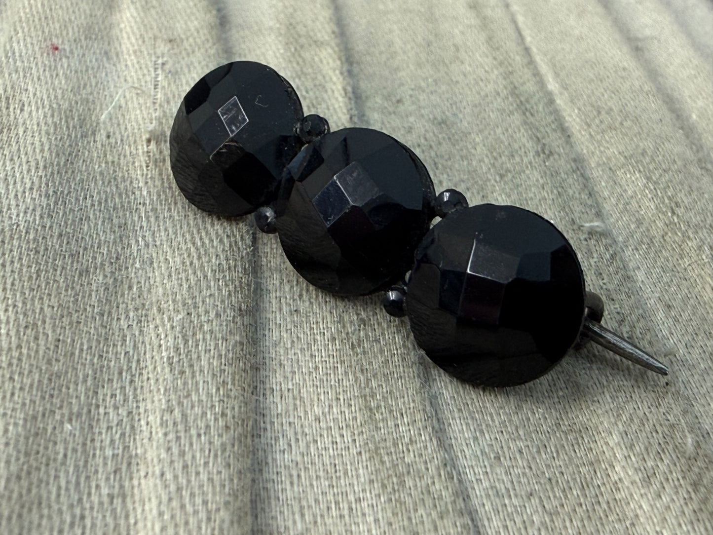 Antique Victorian French Jet Bar Brooch Black Glass Three Stone Round Mourning