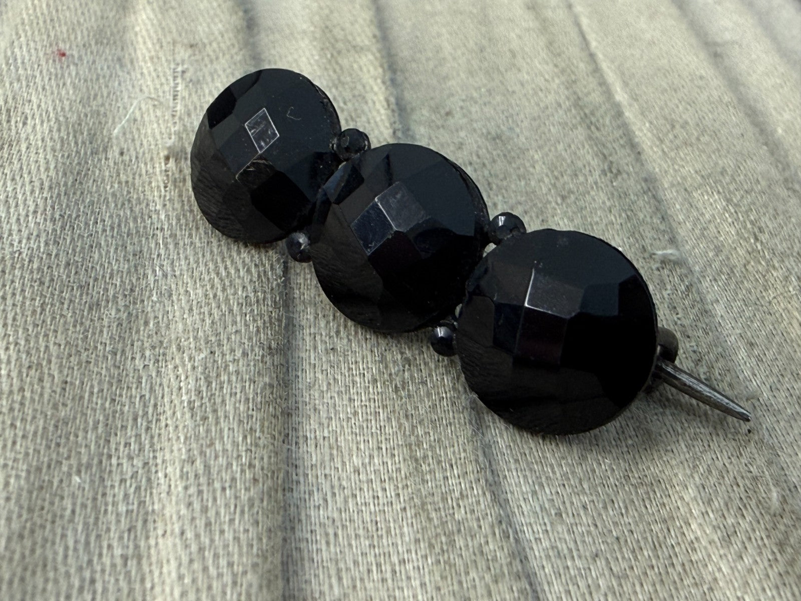 Antique Victorian French Jet Bar Brooch Black Glass Three Stone Round Mourning