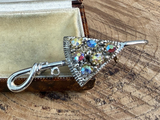 Vintage Silver Tone Umbrella Brooch AB Aurora Borealis Rhinestone Pin Kitsch