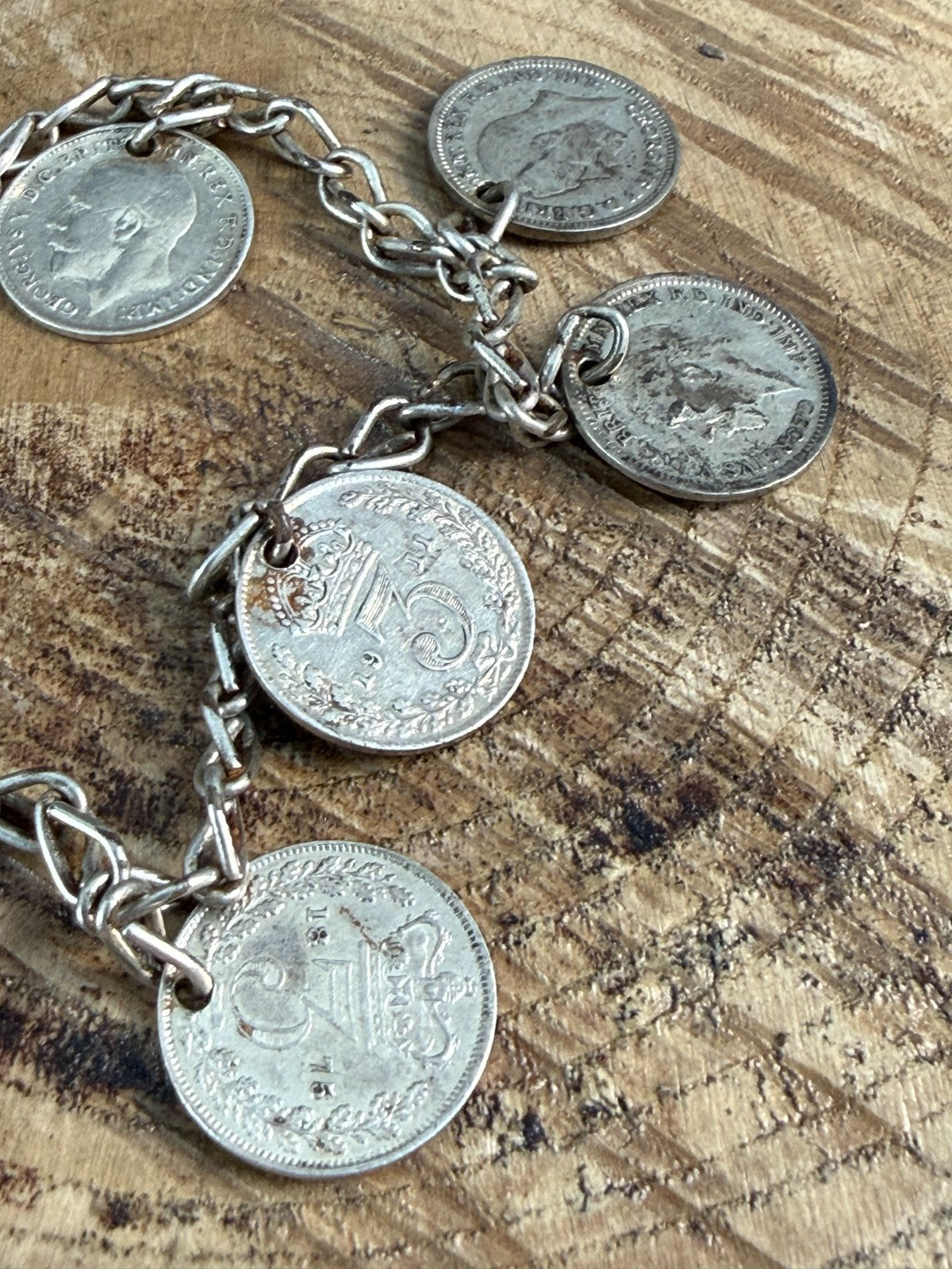 Antique Victorian George V Silver Threepenny Bit Coin Charm Bracelet 1867-1935