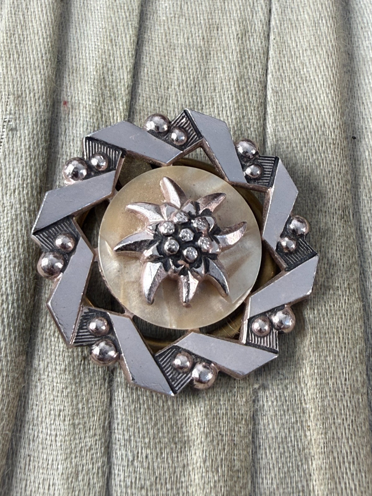 Vintage Edelweiss Scarf Clip Rose Gold Tone Alpine Flower Celluloid Pin
