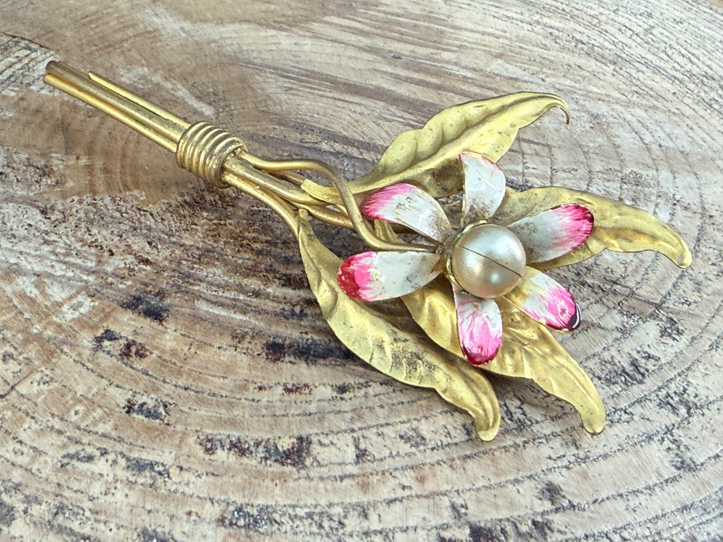 Vintage Orchid Spray Brooch Cold Painted Faux Pearl Floral Mid Century Gold Tone