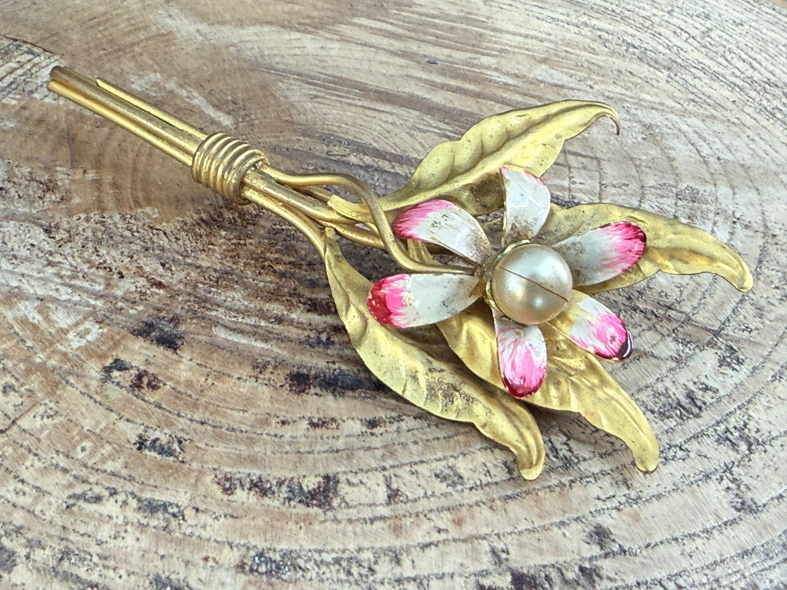 Vintage Orchid Spray Brooch Cold Painted Faux Pearl Floral Mid Century Gold Tone