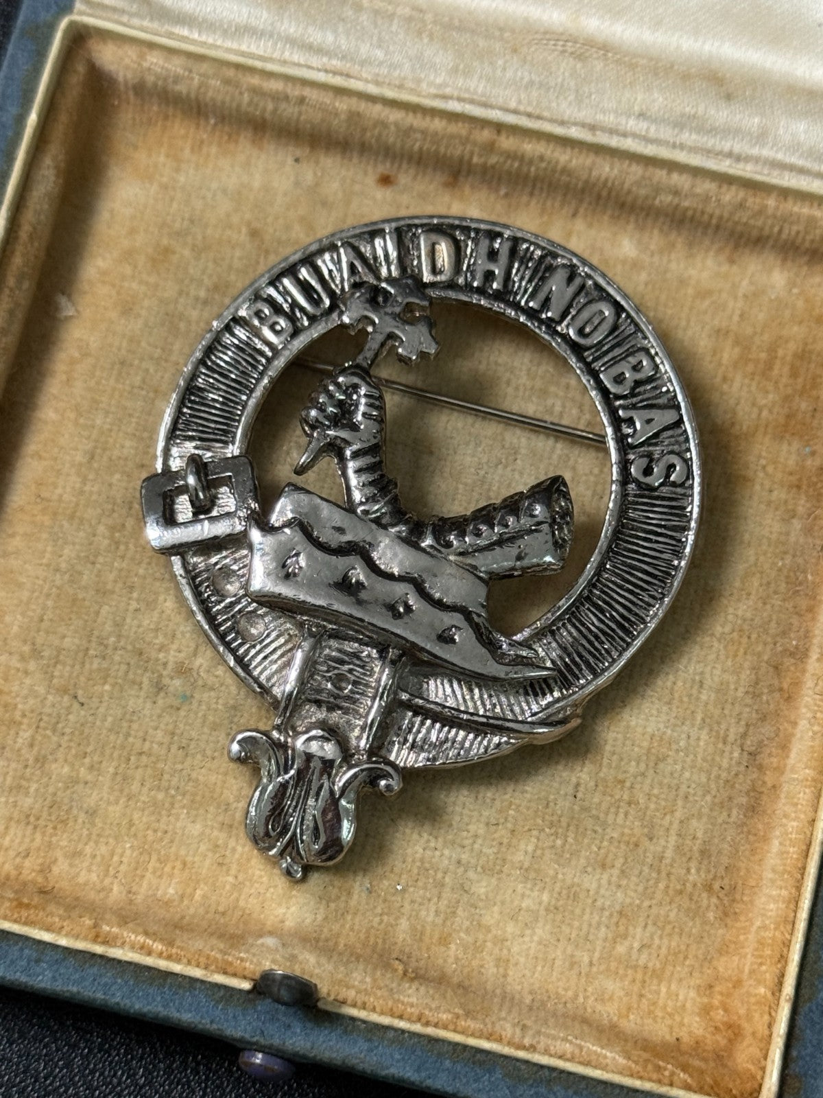 Vintage Clan MacDougall Brooch Silver Tone Scottish Buaich No Bas Motto Badge