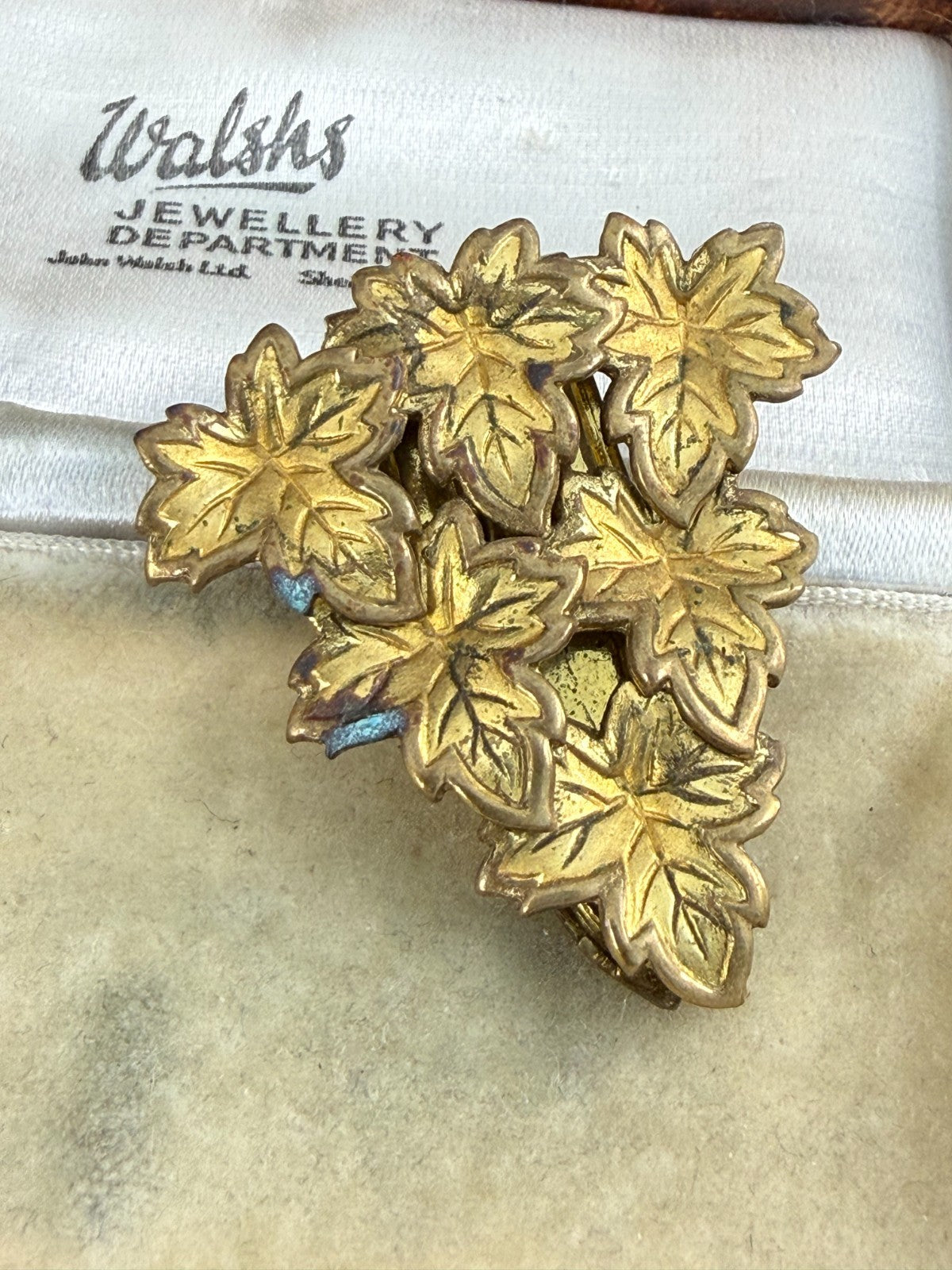 Vintage Gold Tone Maple Leaf Cluster Dress Clip 1930s Art Deco Registered Design