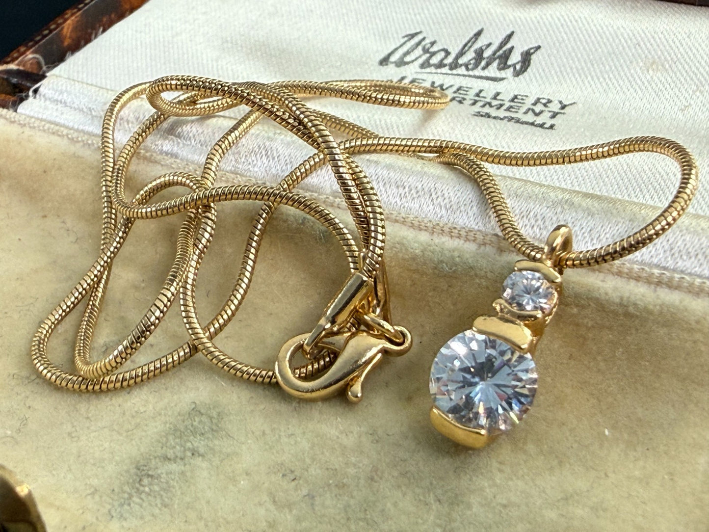 Vintage Gold Tone Goshenite Beryl Double Stone Pendant Snake Chain Necklace 45cm