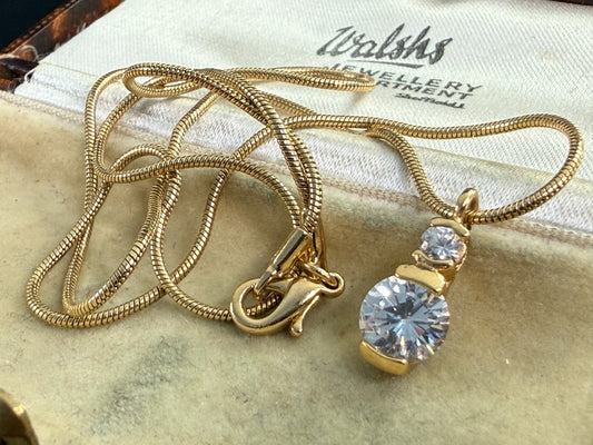 Vintage Gold Tone Goshenite Beryl Double Stone Pendant Snake Chain Necklace 45cm