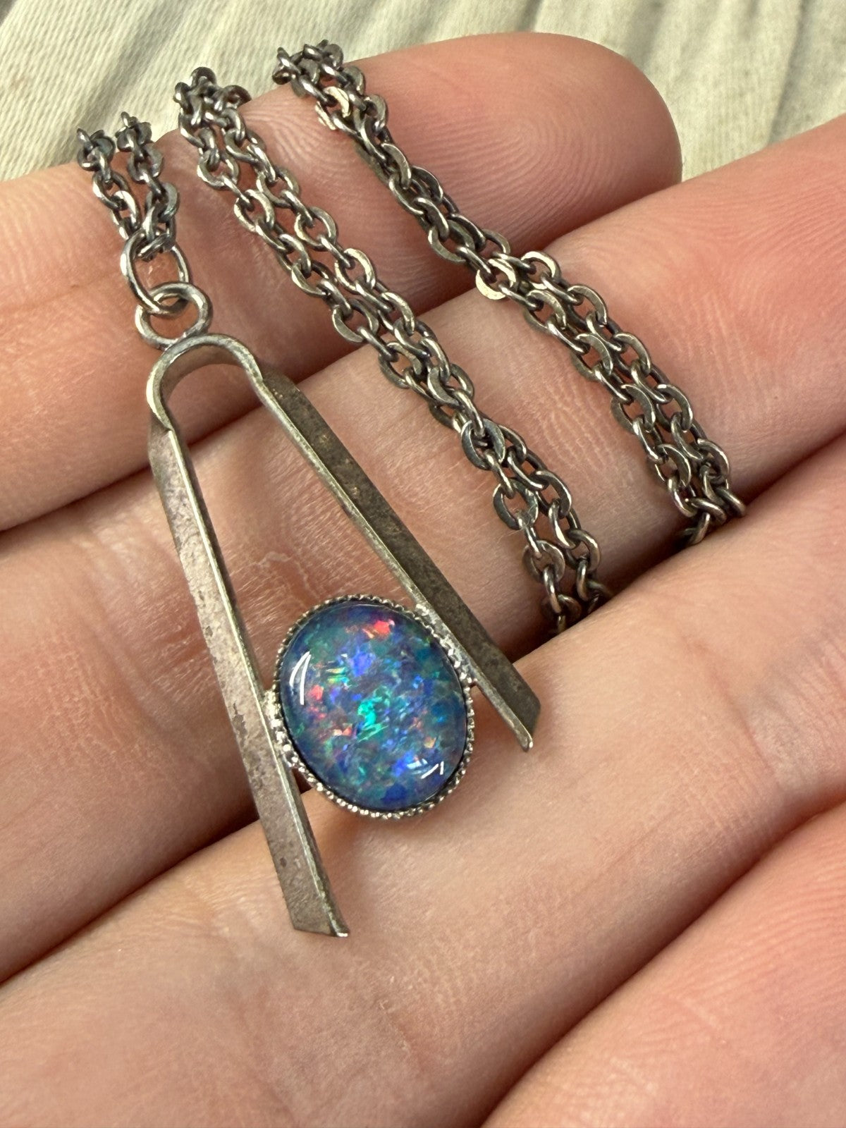 Vintage Modernist Pendant Necklace Glass Opal Simulant 1960s Dark Silver Tone