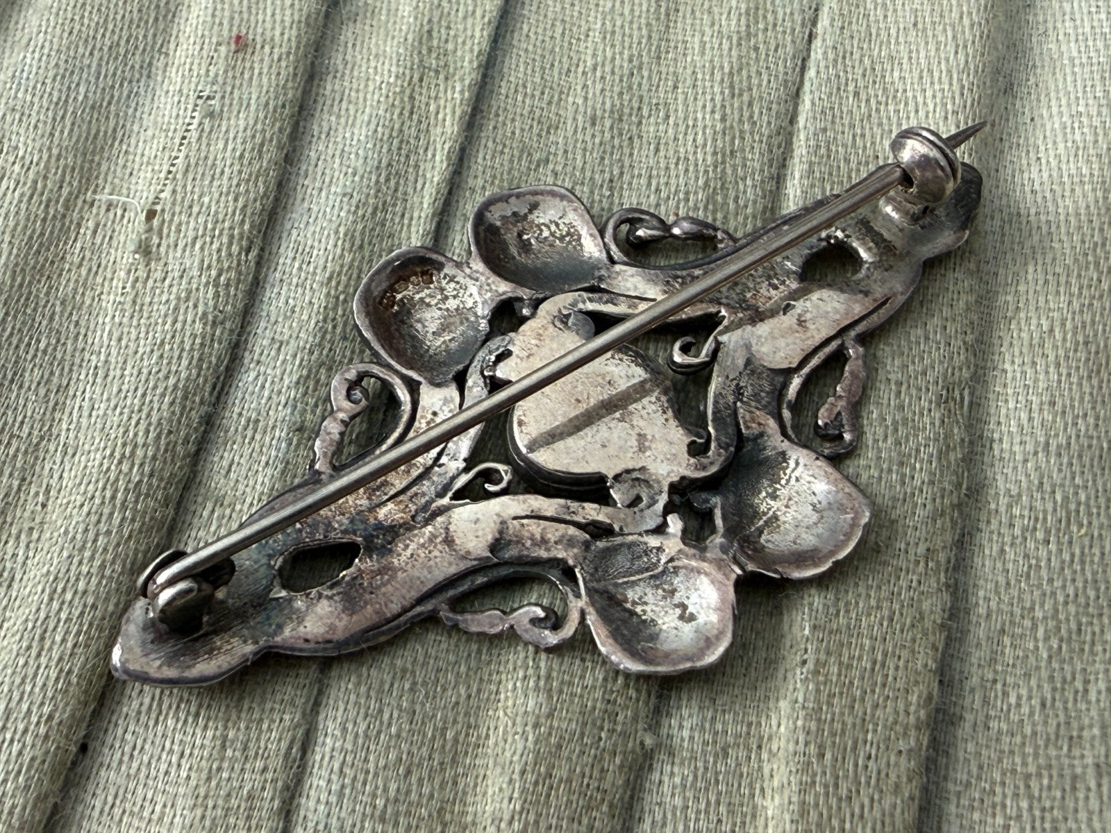 Vintage Silver Brooch Black Onyx Art Nouveau Revival Beaded Scrollwork Pin