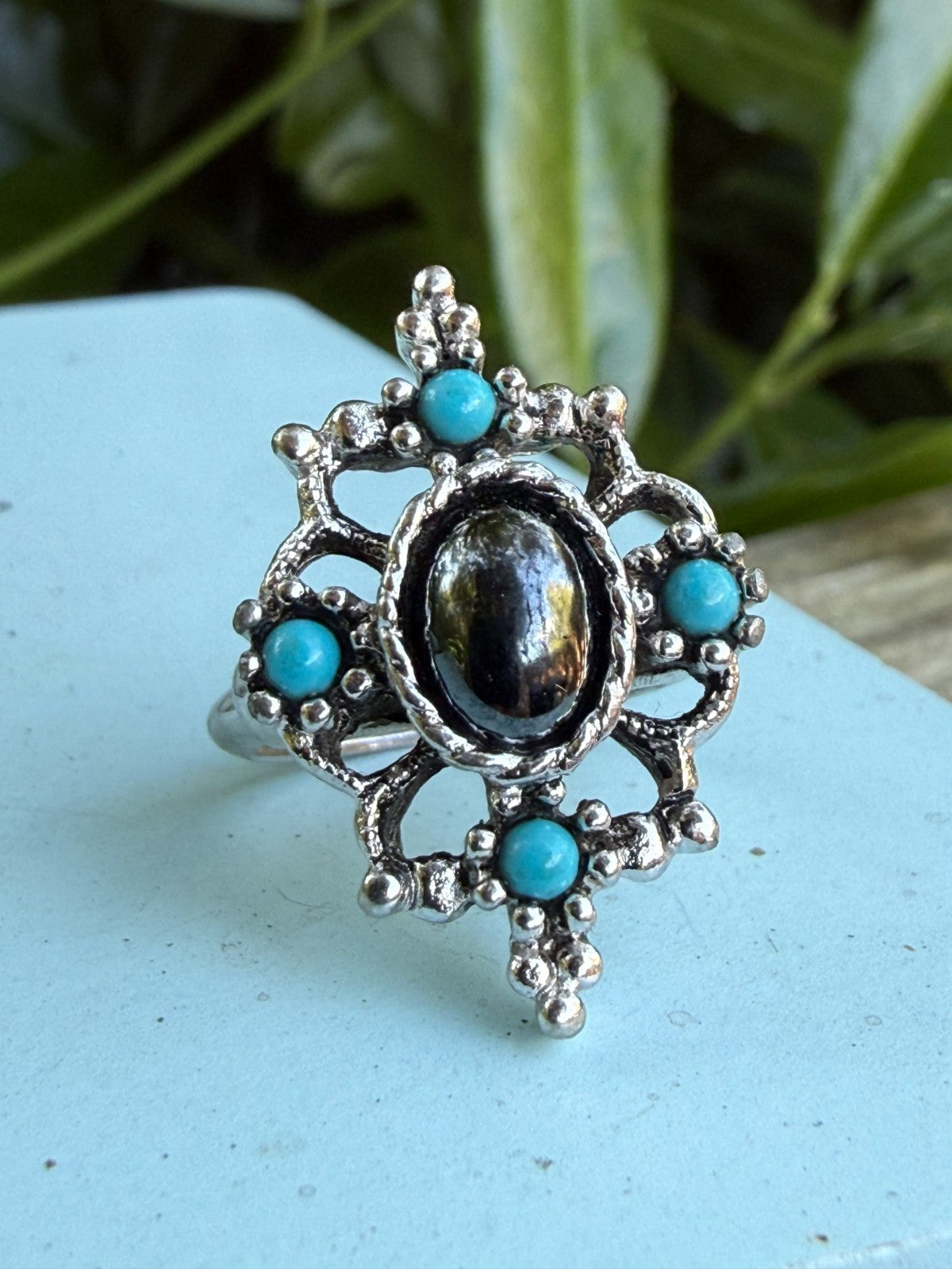 Vintage AVON Mirabella Ring Hematite Faux Turquoise Silver Tone 1970s Size L