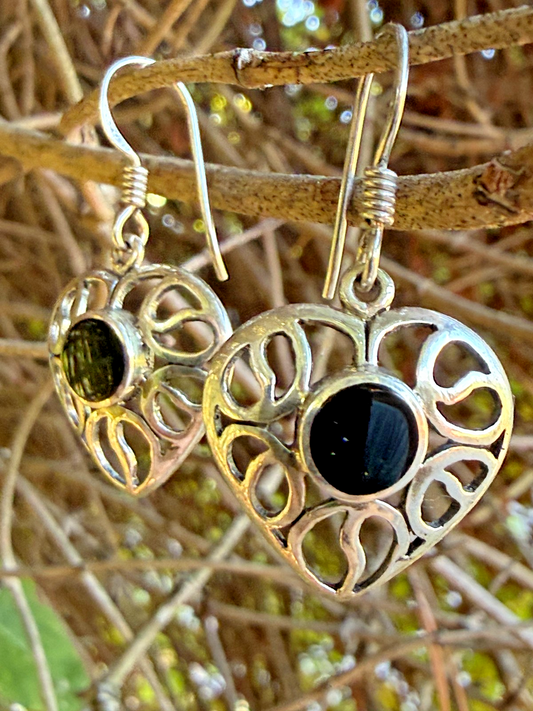 Sterling Silver Heart Earrings Black Onyx Drop Dangle Openwork Love Anniversary