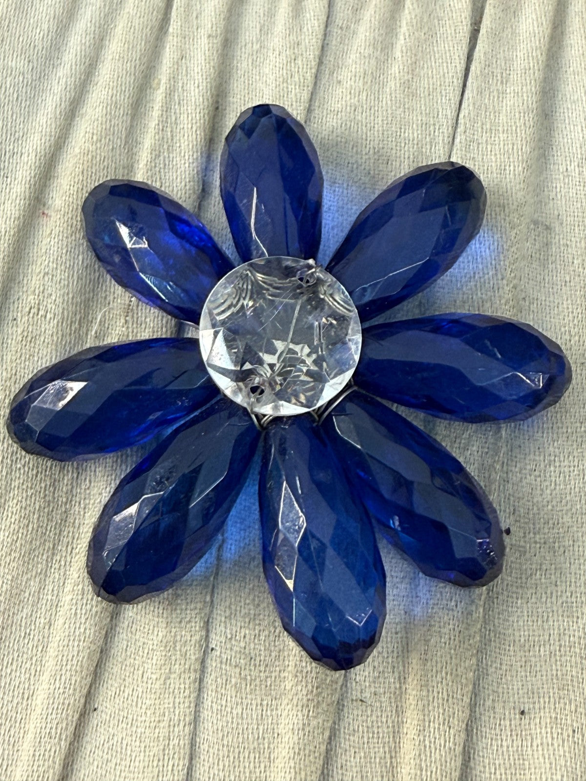 Vintage Cobalt Blue Brooch Faceted Plastic Daisy Flower Statement Pin