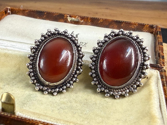 Vintage Sterling Silver 925 Carnelian Cabochon Clip On Earrings Granulated