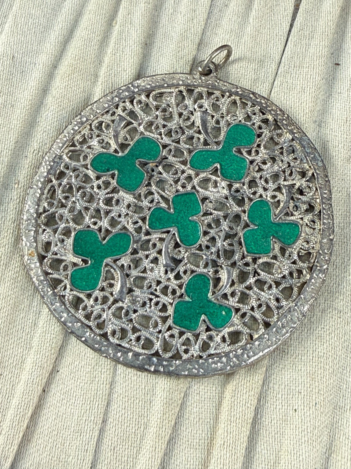 Vintage Silver Tone Shamrock Pendant Green Enamel Openwork Celtic Clover Lucky
